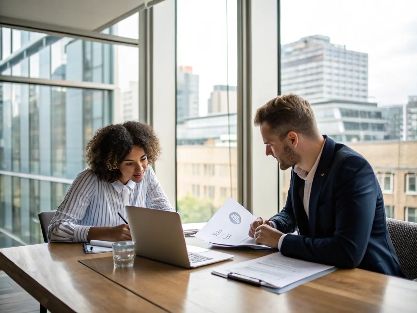An image of a business coach and a client collaborating on a strategy in a modern office, symbolizing the personalized approach of the Business Coaching Program.
