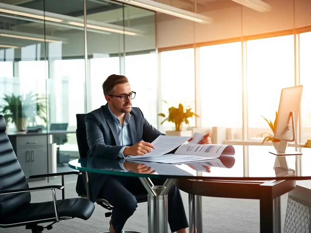 A professional business coach in a modern office setting, working with a client on strategic planning, with a focus on goal setting and achievement.