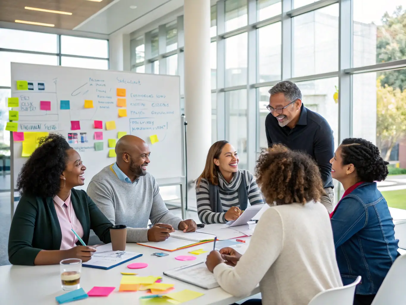 An image of a diverse group of professionals participating in a leadership workshop, representing the leadership development aspect of the coaching services.