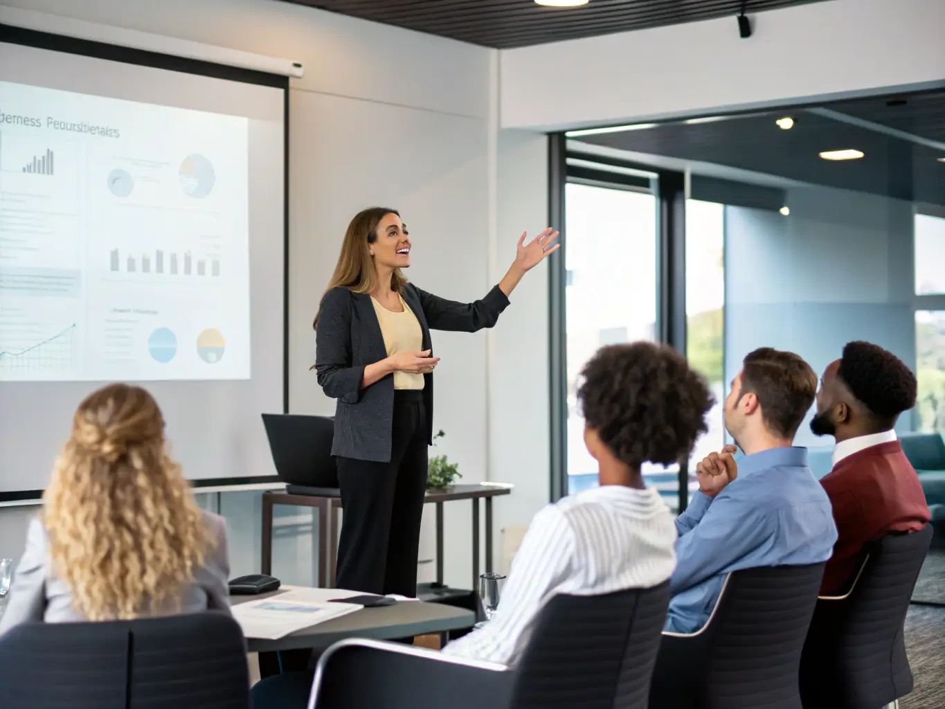 A business leader confidently presenting to a team, with a focus on developing leadership skills and inspiring others.